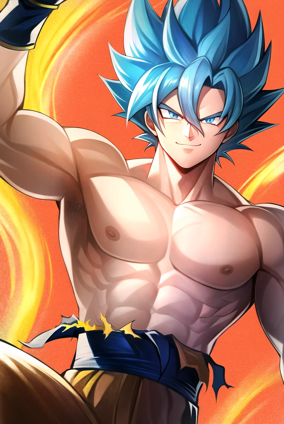son goku, 1boy, abs, arm up, biceps, blue eyes, blue hair, blue wristband, hair between eyes, looking at viewer, male focus, muscular, muscular male, nipples, sash, scar, serious, simple background, smile, smug, solo, spiked hair, super saiyan, super saiyan blue, topless male, torn clothes, aura, ((masterpiece)) <lora:son_goku_offset:1>