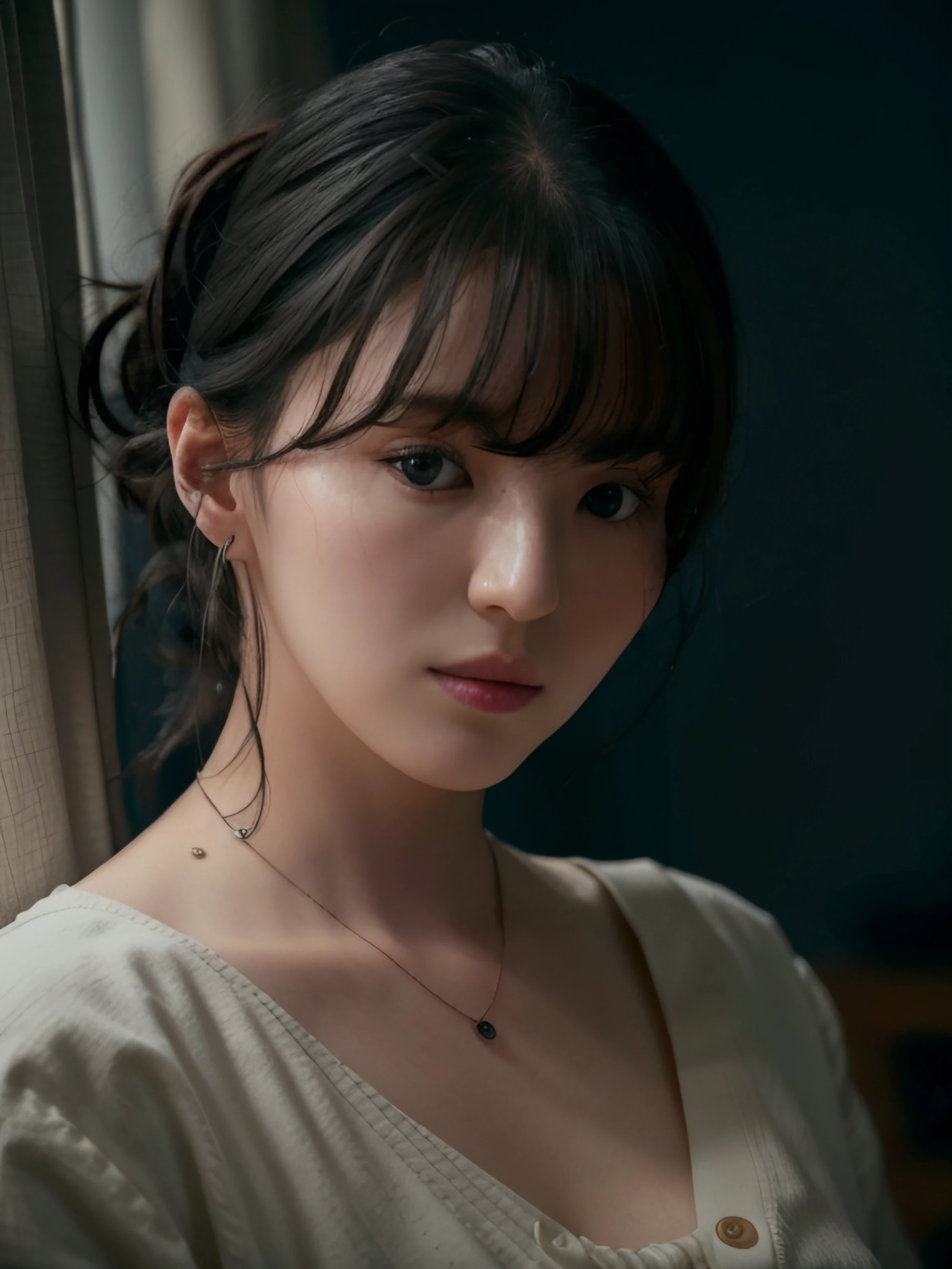 hansohee in cardigan, necklace, hair bangs, (looking to camera:1.1), hair tied up, selfie
dark bedroom, rim lighting, two tone lighting, dimly lit, low key,
, hyper realistic lifelike texture dramatic lighting unrealengine trending on artstation,award winning photo,nikon RAW photo,8 k,Fujifilm XT3,masterpiece, best quality, realistic, photorealistic,ultra detailed,extremely detailed face,
<lora:hansohee-sd1.5-newcaption-50step-000001:0.8> <lora:epiNoiseoffset_v2:1>