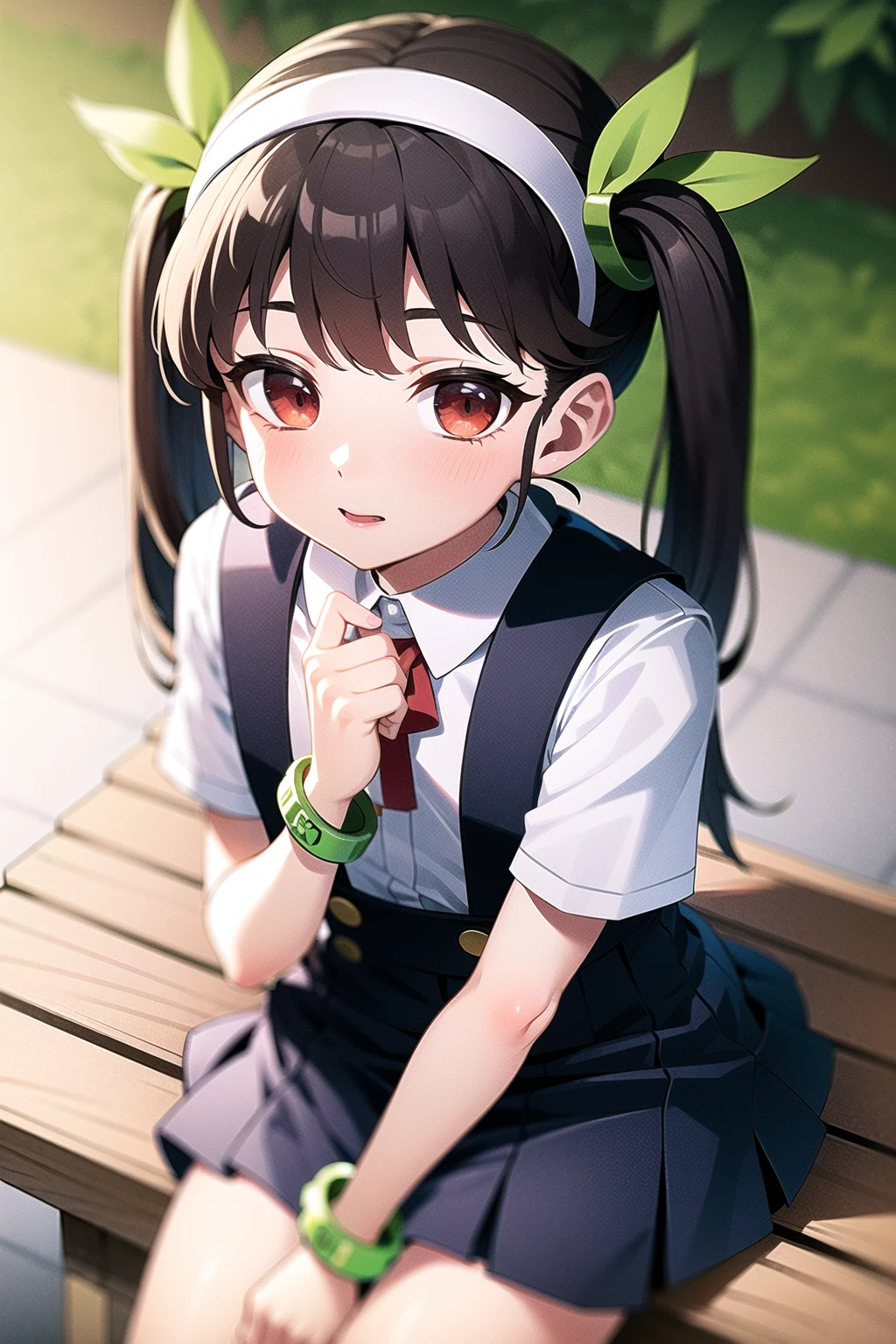 1girl, solo, female, (mayoi_hachikuji), twintails, (red_eyes), flat_chest
white_hairband, bracelet, green, ribbon, school_uniform, skirt, white_shirt, suspender_skirt, (randoseru), sitting on a bench,
hdri, 4k, masterpiece,
day, spring, trees, looking at viewer <lora:hachikuji-3epoch-v1-pruned:0.7>