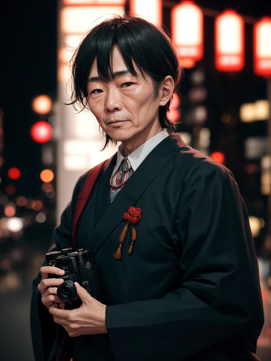 RAW photo, a portrait photo of 50 y.o japanese man in clothes, night tokyo, (high detailed skin:1.2), 8k uhd, dslr, soft lighting, high quality, film grain, Fujifilm XT3