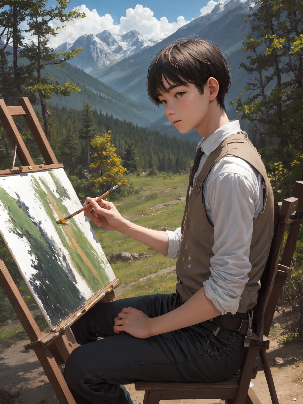 masterpiece, best quality, 1boy, plein air painting in the mountains
