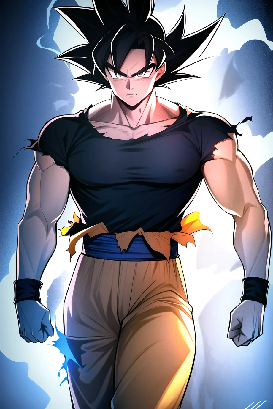 son goku, 1boy, angry, artist name, biceps, black hair, blue sash, blue shirt, blue wristband, clenched hand, closed mouth, collarbone, cowboy shot, dougi, energy, frown, grey eyes, looking at viewer, male focus, muscular, muscular male, outstretched arm, sash, scene reference, scratches, shirt, signature, smoke, solo, spiked hair, standing, torn clothes, ultra instinct, v-shaped eyebrows, walking, wristband, ((masterpiece)) <lora:son_goku_offset:1>