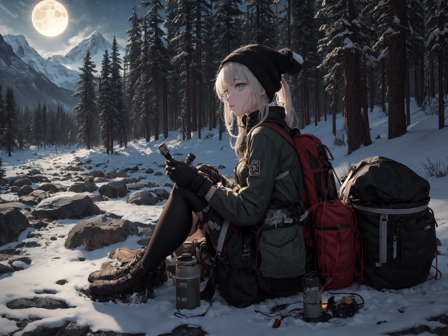 masterpiece, best quality, ultra-detailed, illustration, 1girl, solo, outdoors, camping, night, mountains, nature, stars, moon, bonfire, tent, twin ponytails, green eyes, cheerful, happy, backpack, sleeping bag, camping stove, water bottle, mountain boots, gloves, sweater, hat, flashlight, forest, rocks, river, wood, smoke, shadows, contrast, clear sky, constellations, Milky Way, peaceful, serene, quiet, tranquil, remote, secluded, adventurous, exploration, escape, independence, survival, resourcefulness, challenge, perseverance, stamina, endurance, observation, intuition, adaptability, creativity, imagination, artistry, inspiration, beauty, awe, wonder, gratitude, appreciation, relaxation, enjoyment, rejuvenation, mindfulness, awareness, connection, harmony, balance, texture, detail, realism, depth, perspective, composition, color, light, shadow, reflection, refraction, tone, contrast, foreground, middle ground, background, naturalistic, figurative, representational, impressionistic, expressionistic, abstract, innovative, experimental, unique