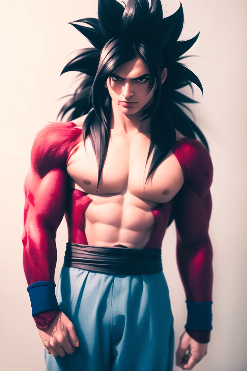 masterpiece, (photorealistic:1.5), best quality, beautiful lighting, real life, songoku, 1boy, arms at sides, artist name, baggy pants, biceps, black hair, blood, blood from mouth, blue sash, blue wristband, blurry, blurry background, body fur, closed mouth, collarbone, frown, long hair, looking away, looking to the side, male focus, monkey tail, muscular, muscular male, pants, pectorals, red fur, sash, scratches, serious, simple background, solo, spiked hair, standing, super saiyan, super saiyan 4, torn clothes, twitter username, v-shaped eyebrows, wristband, yellow eyes, yellow pants <lora:son_goku_offset:1>