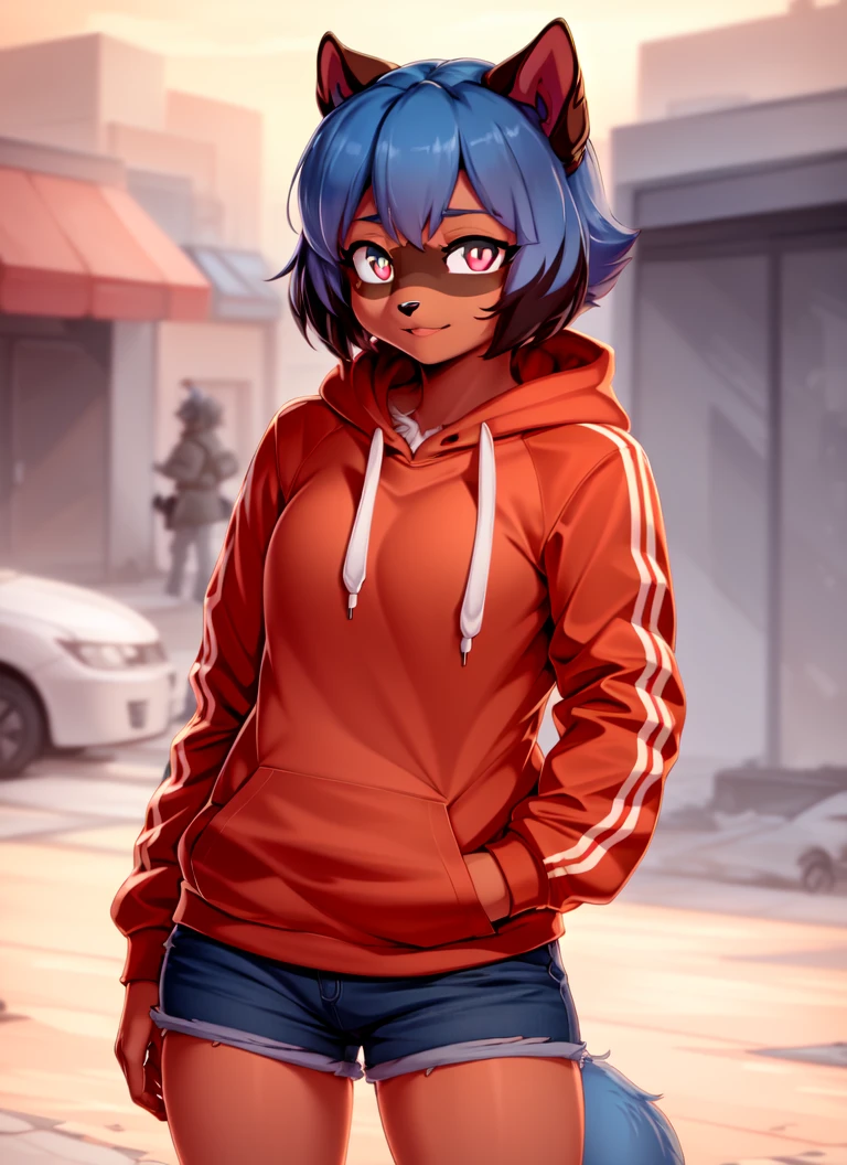 Michiru, (detailed fluffy fur), raccoon girl, 1girl, solo, (multicolored eyes), raccoon ears, two-tone hair, (animal nose:0.8), hoodie, hands in pockets, short hair, outside, tail