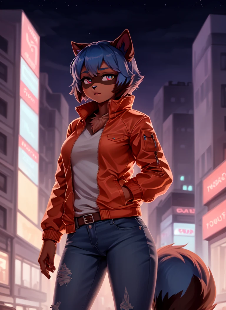 1girl, (detailed fluffy fur), body fur, solo, raccoon ears, two-tone hair, (high quality), high res, detailed eyes, detailed shadows, red jacket, (high quality), high-res, (digital painting), (8k), (tail:1.1), city buildings, skyline, (hand in pocket:1.1), jeans, (neon lights:1.1), night, crowded