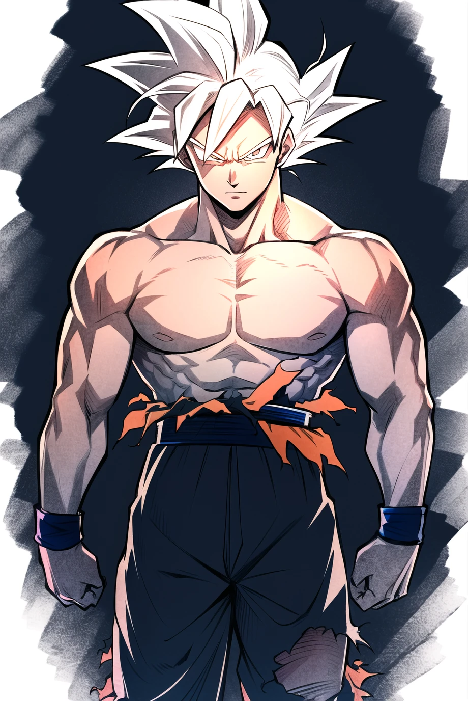 son goku, 1boy, closed mouth, male focus, muscular, muscular male, rock, sash, serious, solo, spiked hair, topless male, torn clothes, ultra instinct, white eyes, white hair, ((masterpiece)) <lora:son_goku_offset:1>