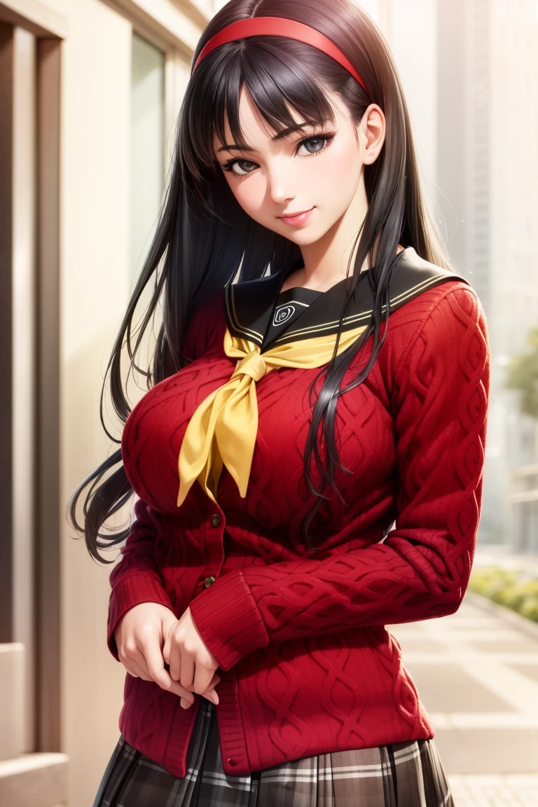 (realistic:1.5),1 girl,solo,yukiko,smile,(red cardigan,plaid skirt,yellow neckerchief,school uniform:1.2), huge breasts,black tights   <lora:yukiko3:1>