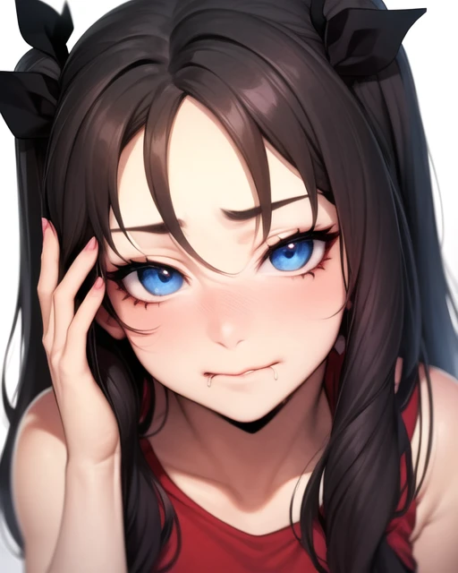 <lora:Biting_Lip:0.5>,biting lip,tohsaka rin, blue eyes, face focus, simple background,  masterpiece, illustration, detailed, anime,cartoon,nsfw,aroused,rolled eyes