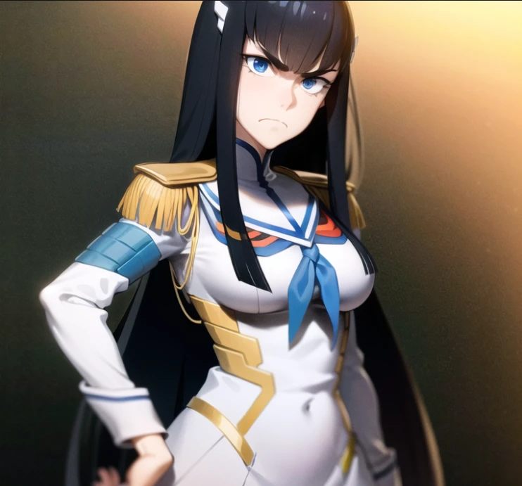 beautiful, masterpiece, best quality, extremely detailed face,  perfect lighting, 1girl, solo, <lora:KiryuinSatsuki:1>, kiryuin satsuki, hairclip, epaulettes, school uniform, junketsu, skirt, blue eyes, angry, disgusted, frown, large breasts, cowboy shot