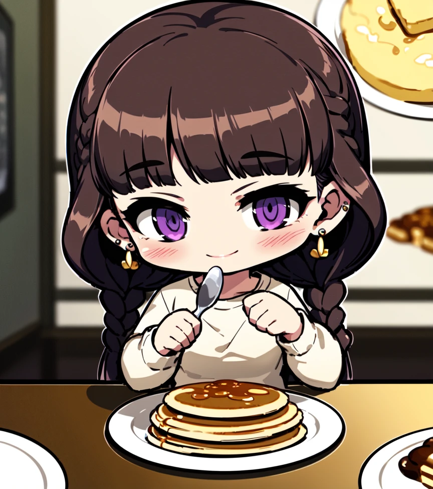 A black haired female witch with brown eyes with an hourglass figure in a conservative victorian dress is eating pancakes in a magical banquet room