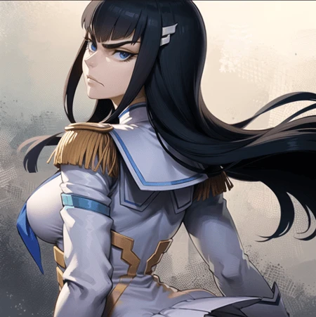 beautiful, masterpiece, best quality, extremely detailed face, perfect lighting, 1girl, solo,kiryuin satsuki, <lora:KiryuinSatsuki:1>,blue eyes, epaulettes, hairclip, junketsu, school uniform, skirt, angry, from behind, looking back, looking at viewer