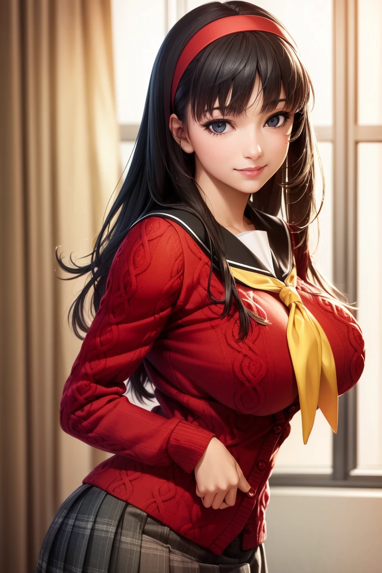 (realistic:1.5),1 girl,solo,yukiko,smile,(red cardigan,plaid skirt,yellow neckerchief,school uniform:1.2), huge breasts,black tights   <lora:yukiko3:1>