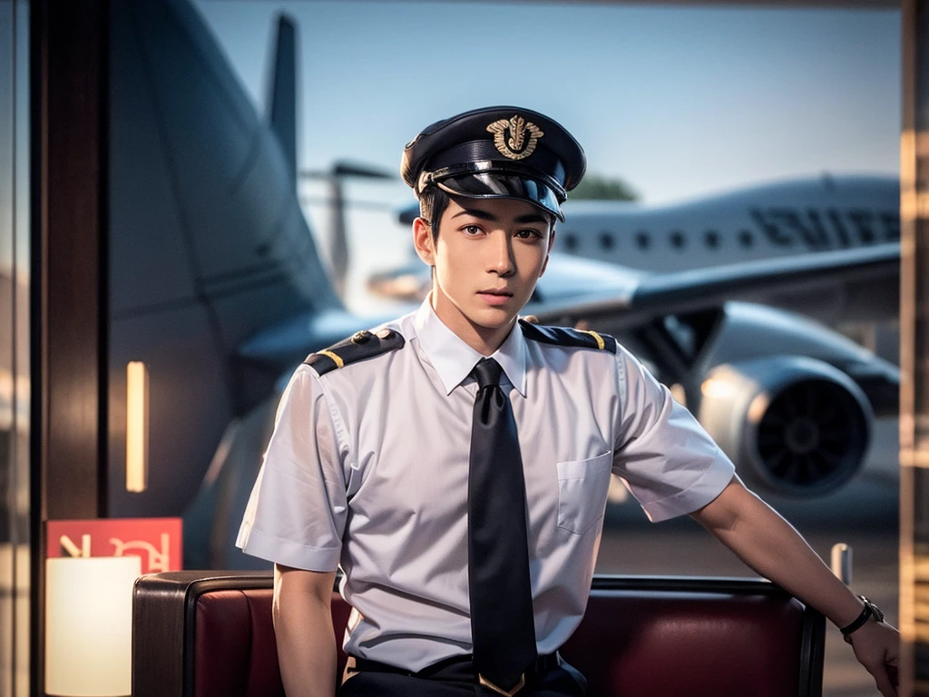 (best quality), (photo-realistic:1),realistic skin texture,slim,looking at viewer,face focus ,Bokeh,a male,solo,
a male airliner pilot,upper body,full body,white shirt, black necktie,epaulet,aviator cap,
blue sky,airplane,
<lora:chineseβmalelikeness:0.7>