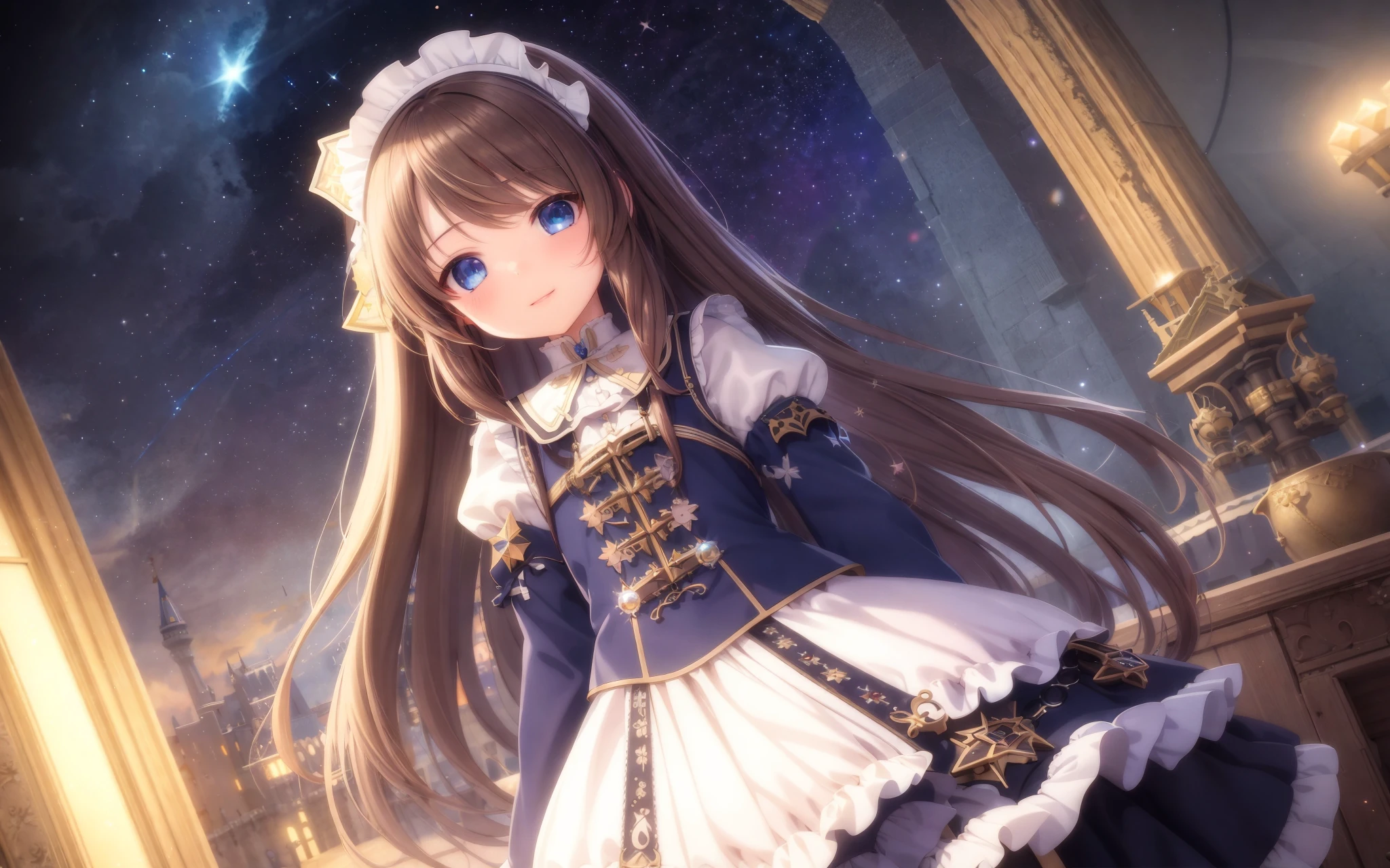 (game cg), highres, (masterpiece), (best quality), official art, hdr, (chromatic lighting),
sweet girl, long brown hair with sideswept bangs, blue eyes, flat chest, wearing intricate maid uniform,  in (surreal (colorful) beautiful detailed fantasy castle, bright starry (night) sky), shy [[[smile]]],
by Yoshitaka Amano