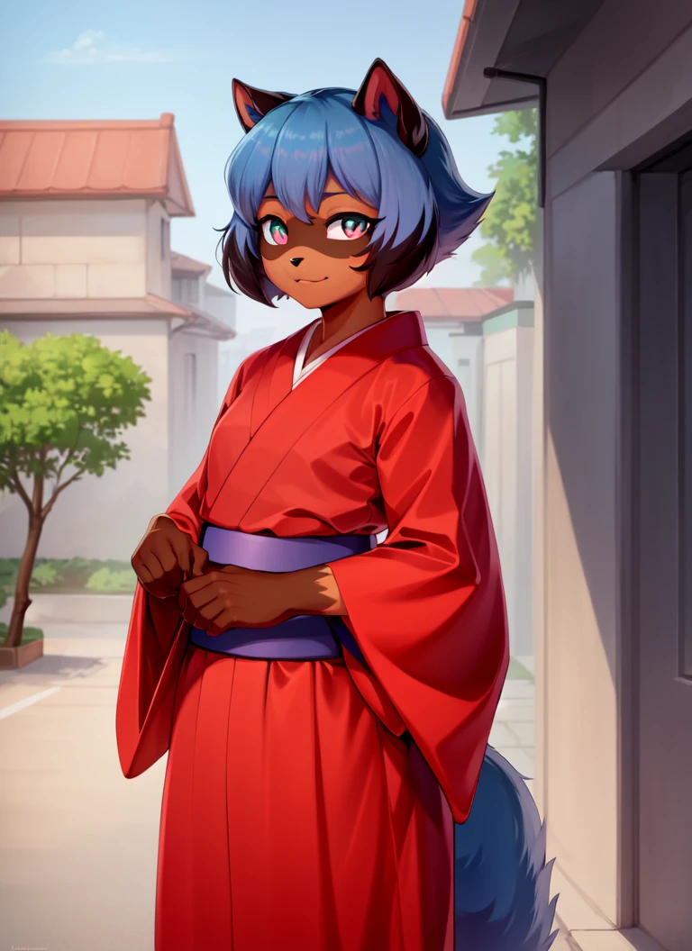 Michiru, raccoon ears, 1girl, (multicolored eyes), two-tone hair, (animal nose:0.8), short hair, masterpiece, standing outside, (tail:1.1), (blue hair:1.1), (high quality), high-res, (digital painting), (8k), kimono