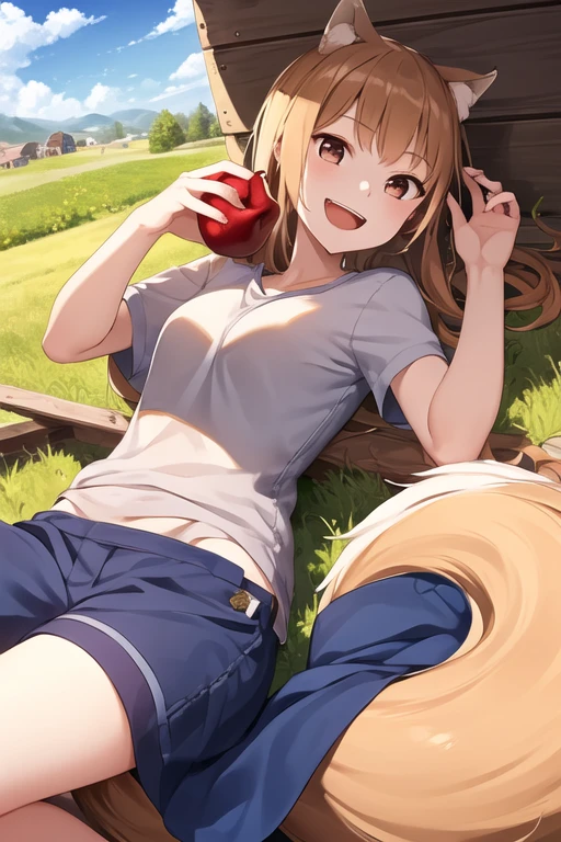 masterpiece,best quality, 1girl, tail, fruit, apple, holding food, lying, outdoors, holding fruit, holding, open mouth, looking at viewer, on back, smile, sky, pouch, day,blue sky, solo focus, wheat, shirt, :d, solo, cloud