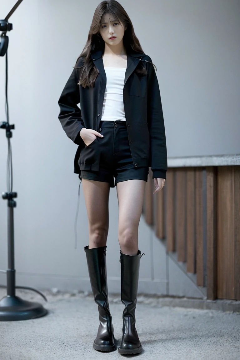 full body, wide shot, best quality, ultra high res, (photorealistic:1.4), 1girl, solo, fashion, white collared shirt, black highleg shorts, leather jacket, (ulzzang-6500:0.8), (black tights:1.4), (black pantyhose:1.4), <lora:knbotz:1>, black leather boots, blunt bangs, black hair, long straight hair, japanese, mio, <lora:LORAJapaneseActressMioKudo_mio10:1>
