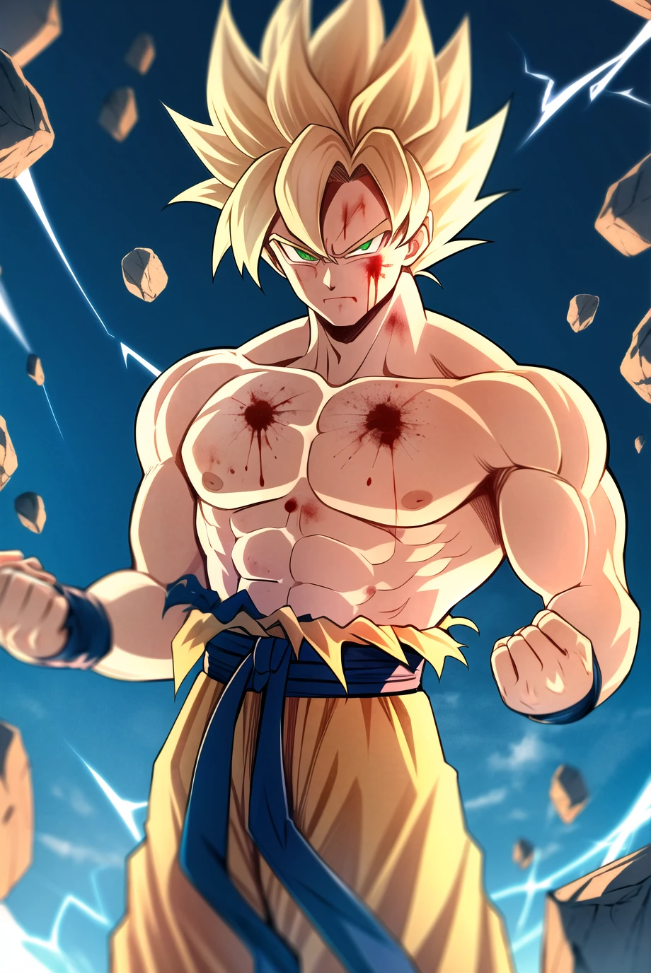 son goku, 1boy, artist name, biceps, blonde hair, blood, blood from mouth, blue sash, blue wristband, clenched hands, closed mouth, collarbone, dougi, electricity, energy, floating rock, frown, green eyes, looking at viewer, male focus, muscular, muscular male, pectorals, ribs, rock, sash, scratches, serious, solo, spiked hair, super saiyan, super saiyan 1, topless male, torn clothes, v-shaped eyebrows, wristband, ((masterpiece)) <lora:son_goku_offset:1>