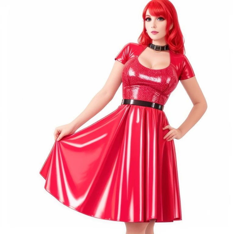 a woman in a red latex dress posing for a picture with her hands on her hips and a black collared collar around her neck, 1girl, metal chocker, harness