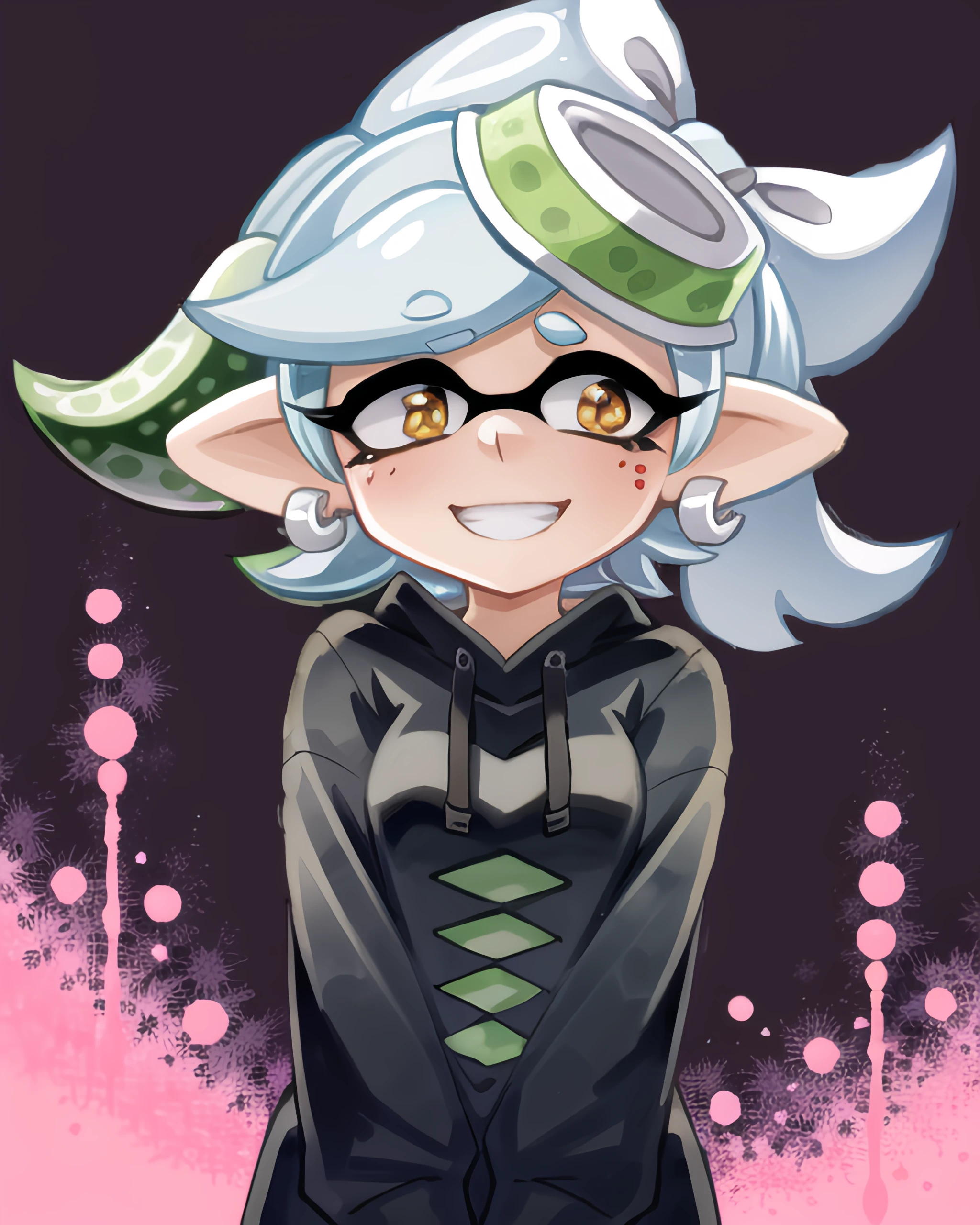 splatoon, inkling, marie, cute, (cyberpunk city background), saturated colors, horror, sketch, creepy, glowing red eyes, evil smile, blood