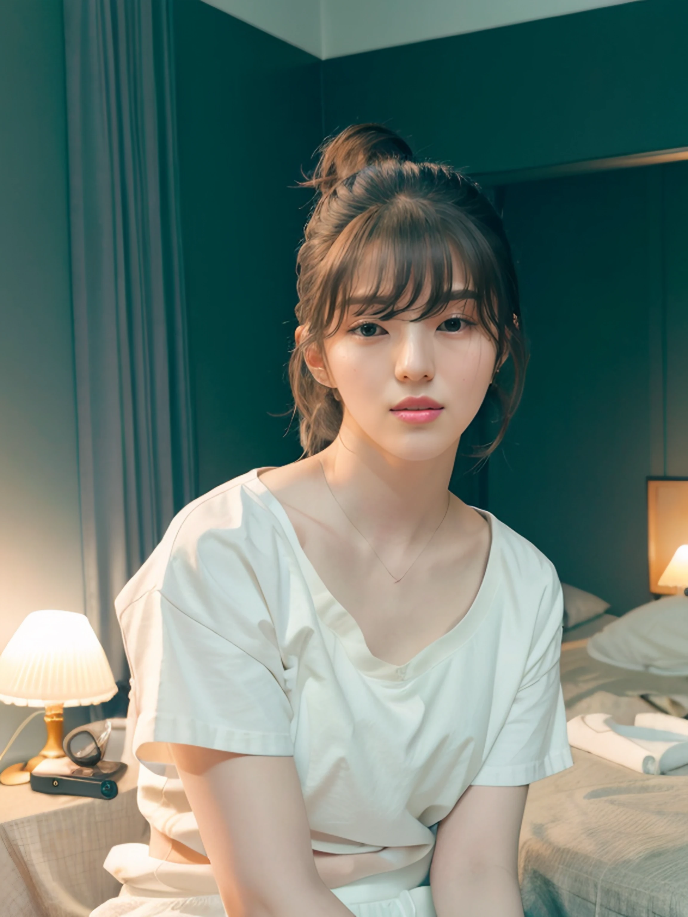 hansohee in white t_shirt, hair_bangs, hair tied up, sitting on the bed,
analog style, hyper realistic lifelike texture dramatic lighting unrealengine trending on artstation,award winning photo,nikon RAW photo,8 k,Fujifilm XT3,masterpiece, best quality, realistic, photorealistic,ultra detailed,extremely detailed face,
sunrise, rim lighting, two tone lighting, dimly lit, low key,
<lora:hansohee-sd1.5-newcaption-50step-000001:0.8> <lora:epiNoiseoffset_v2:0.6>