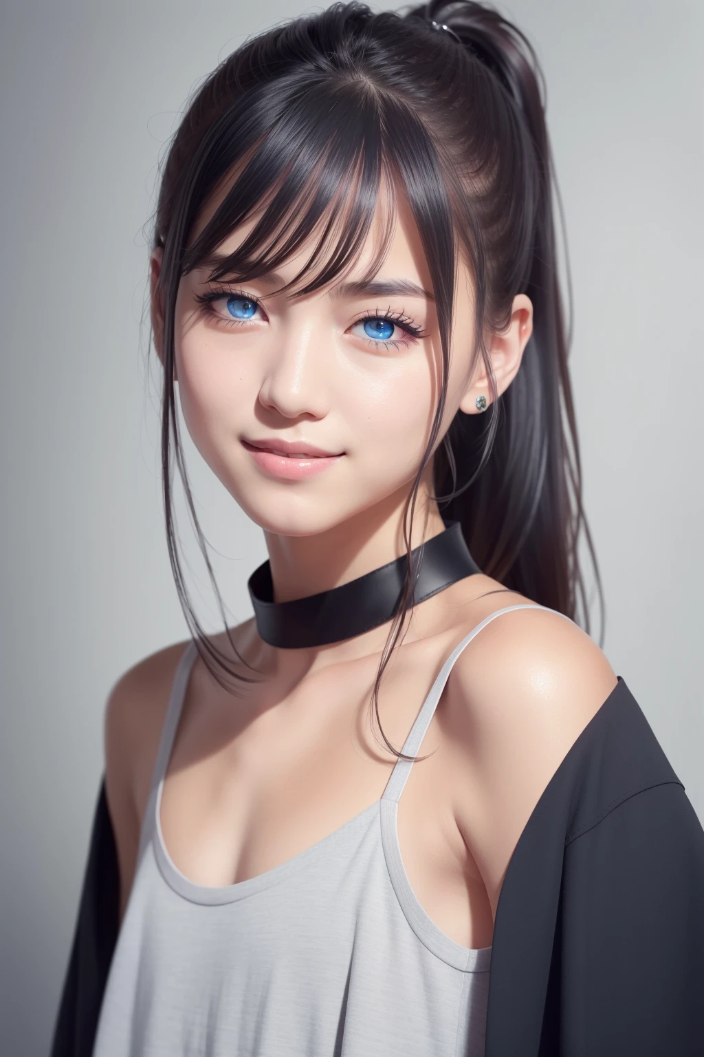 (RAW photo:1.2),(photorealistic:1.4),(masterpiece:1.3),(best quality:1.4),ultra high res,
solo focus,dreamlike,
(detailed eyes),(detailed facial features),
skin tight, (shiny skin),(slender girl),(slim girl),(beautiful face),smooth abdomen,barefoot,
1boy, female face , <lora:VirtualGirl-Ren:0.3>,VirtualGirl-Ren, ((flat-chested,male chest)),  bangs, ponytail hair, black hair, blue eyes, hair pin,black choker,
blue police uniform, black leather shoes,
(smile), blush,bashfully,cute,