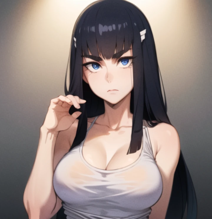 beautiful, masterpiece, best quality, extremely detailed face,  perfect lighting, 1girl, solo,kiryuin satsuki, <lora:KiryuinSatsuki:1>, hairclip, blue eyes, shirt, white shirt, tank top, upper body, large breasts