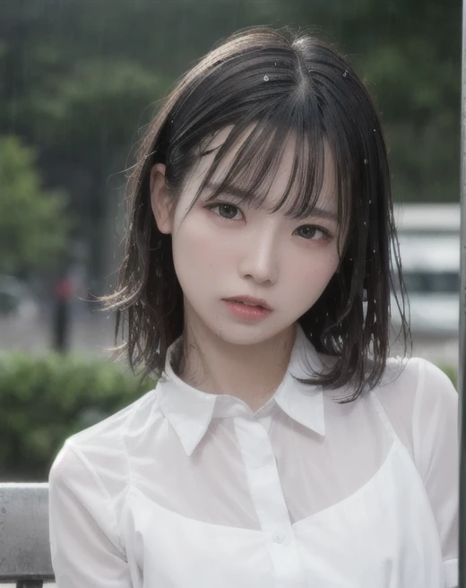 1girl, wet white collar shirt, dramatic lighting, best quality, ultra high res, photoshoot, (photorealistic:1.4), (realistic humid skin:1.2), (small breast), half body, park bench, raining, sad