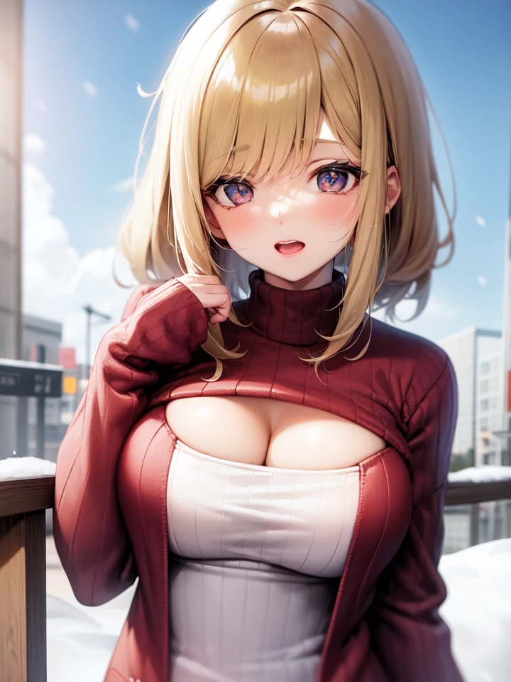 open-chest sweater, sweater, standing, 1girl, solo, outdoors, snow, cleavage, large breasts, turtleneck, upper body,