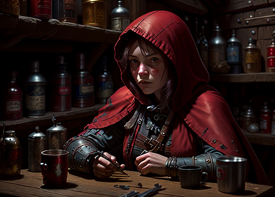 adult Little Red Riding Hood as an intimidating armored bounty hunter sitting in a medieval tavern indoors