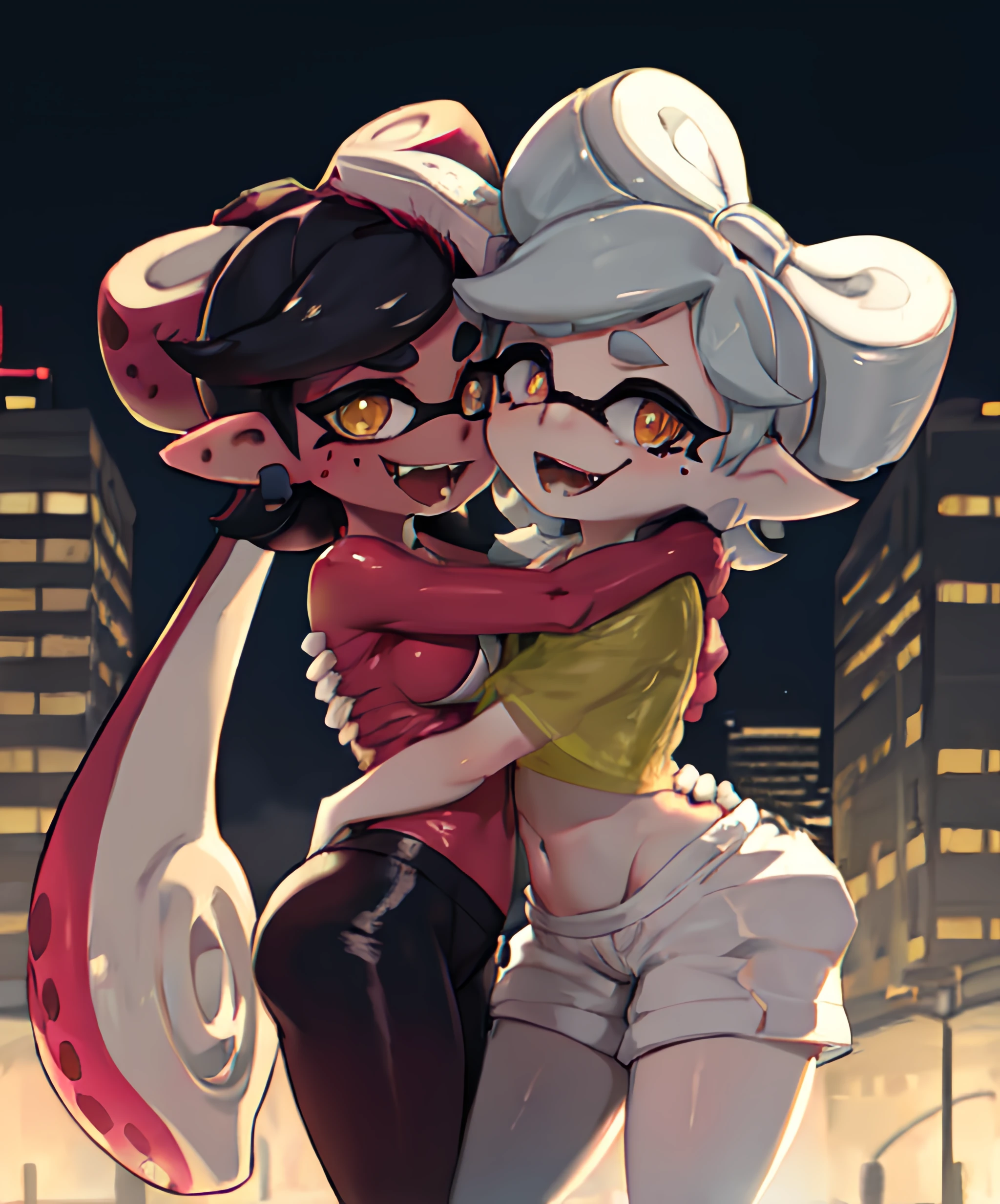 cyberpunk city background, 2girls, duo, hugging, splatoon, inkling, glowing eyes, fangs, callie, BREAK, marie