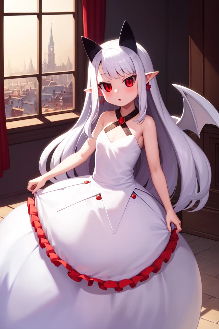 masterpiece, best_quality, 1girl, solo, pram \(phantom kingdom\), phantom kingdom, red eyes, black sclera, white wings, bat wings, pointy ears, horns, albino, white dress, long hair, bubble skirt, window