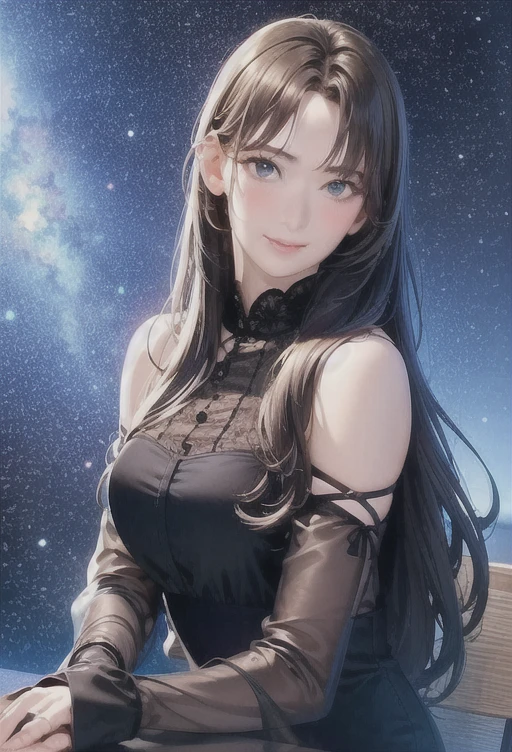 (8k, best quality, masterpiece:1.2), (realistic, photo-realistic:1.37), ultra-detailed, 1 girl,cute, solo,midnight,beautiful detailed sky,detailed cafe,sitting,dating,(nose blush),(smile:1.15),(closed mouth) small breasts,beautiful detailed eyes,floating hair NovaFrogStyle,backless dress