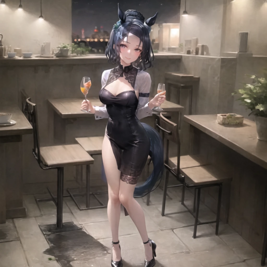SFW,(masterpiece:1.2),(highres:1.2),(highly_detailed:1.2),mejiro_ramonu, (1girl), (solo), (mature:1.2),(tall:1.5) ,(long_legs),two-tune hair, purple_eyes,horse_ear, horse_tail, smile, looking_at_viewer, (bared_hands:1.2), long_cocktail_dress,night, banquet, luxury, high_heeled_shoes,(full_body:0.5), standing,<lora:mejiro_ramonu_v2.0_reg_locon_AdamW8bit:0.65>