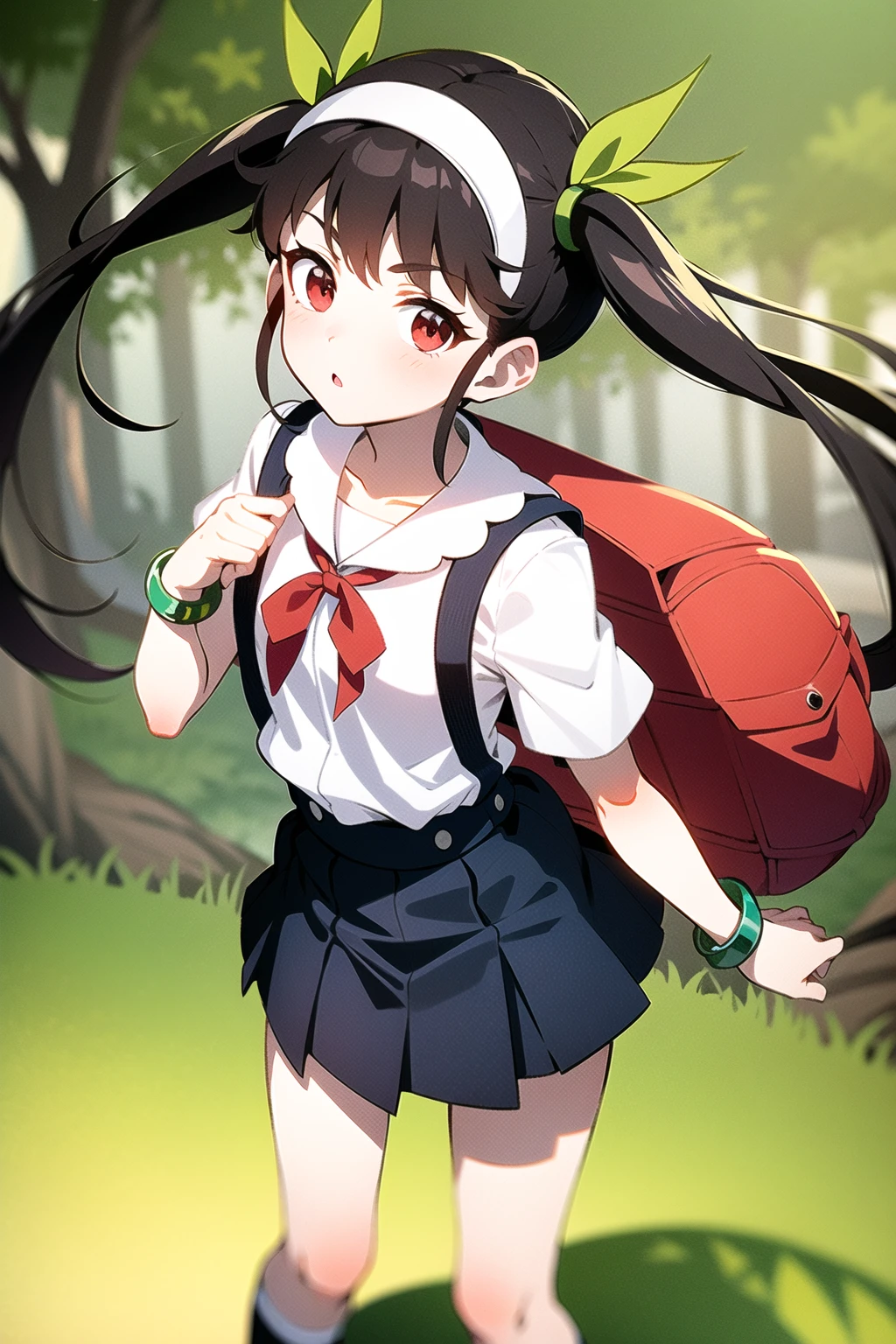 1girl, solo, female, (mayoi_hachikuji), twintails, (red_eyes), flat_chest
white_hairband, bracelet, (green), ribbon, school_uniform, standing, skirt, shirt, suspender_skirt, backpack, (randoseru)
hdri, 4k, masterpiece,
day, spring, trees, looking at viewer <lora:hachikuji-3epoch-v1-pruned:0.7>