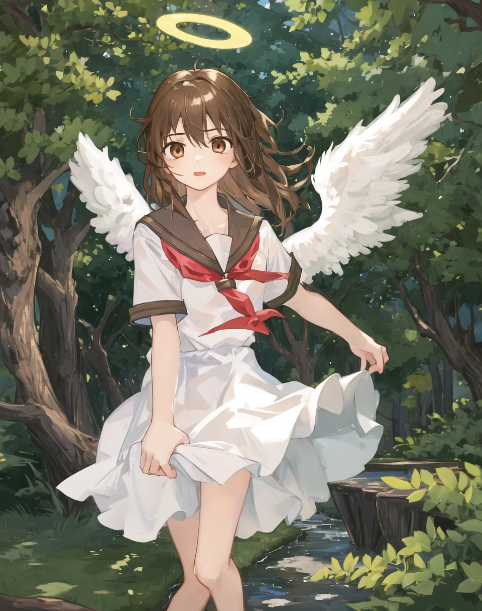 1girl, angel wings, brown eyes, brown hair, haibane renmei, halo, rakka, sailor collar, school uniform, <lora:my_LoRA_rakka_v2:0.5> antifreez <lora:my_LoRA_antifreez_v1:0.4>