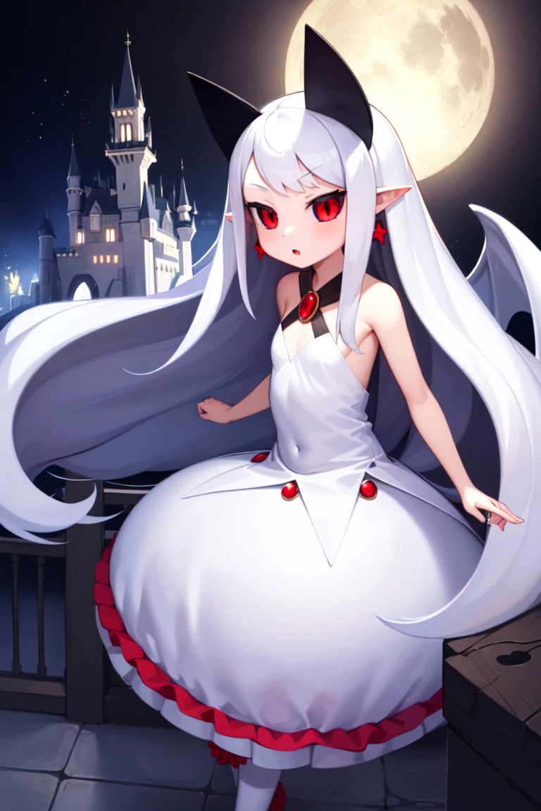 masterpiece, best_quality, 1girl, solo, pram \(phantom kingdom\), phantom kingdom, red eyes, black sclera, white wings, bat wings, pointy ears, horns, albino, white dress, long hair, bubble skirt, castle, night