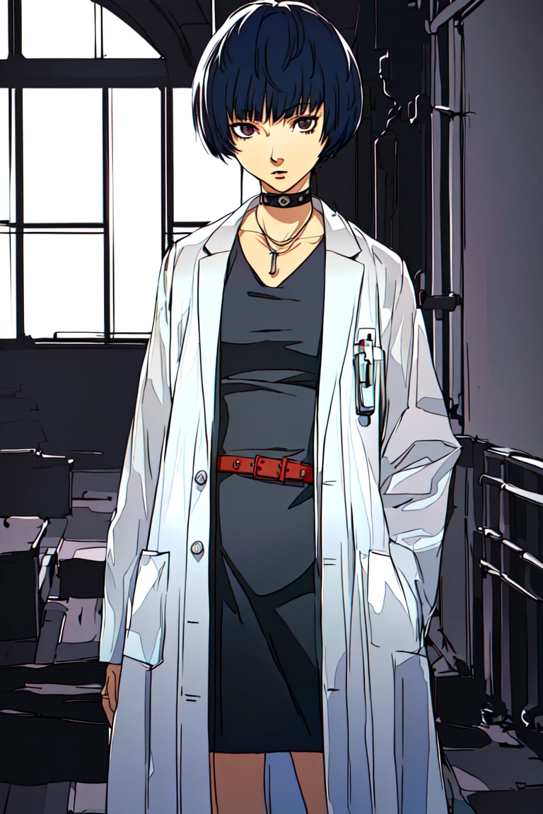 masterpiece, best quality, absurdres, perfect antomy, Tae Takemi, necklace, choker, black dress, short dress, labcoat, standing, cowboy shot, indoors, soejima shigenori