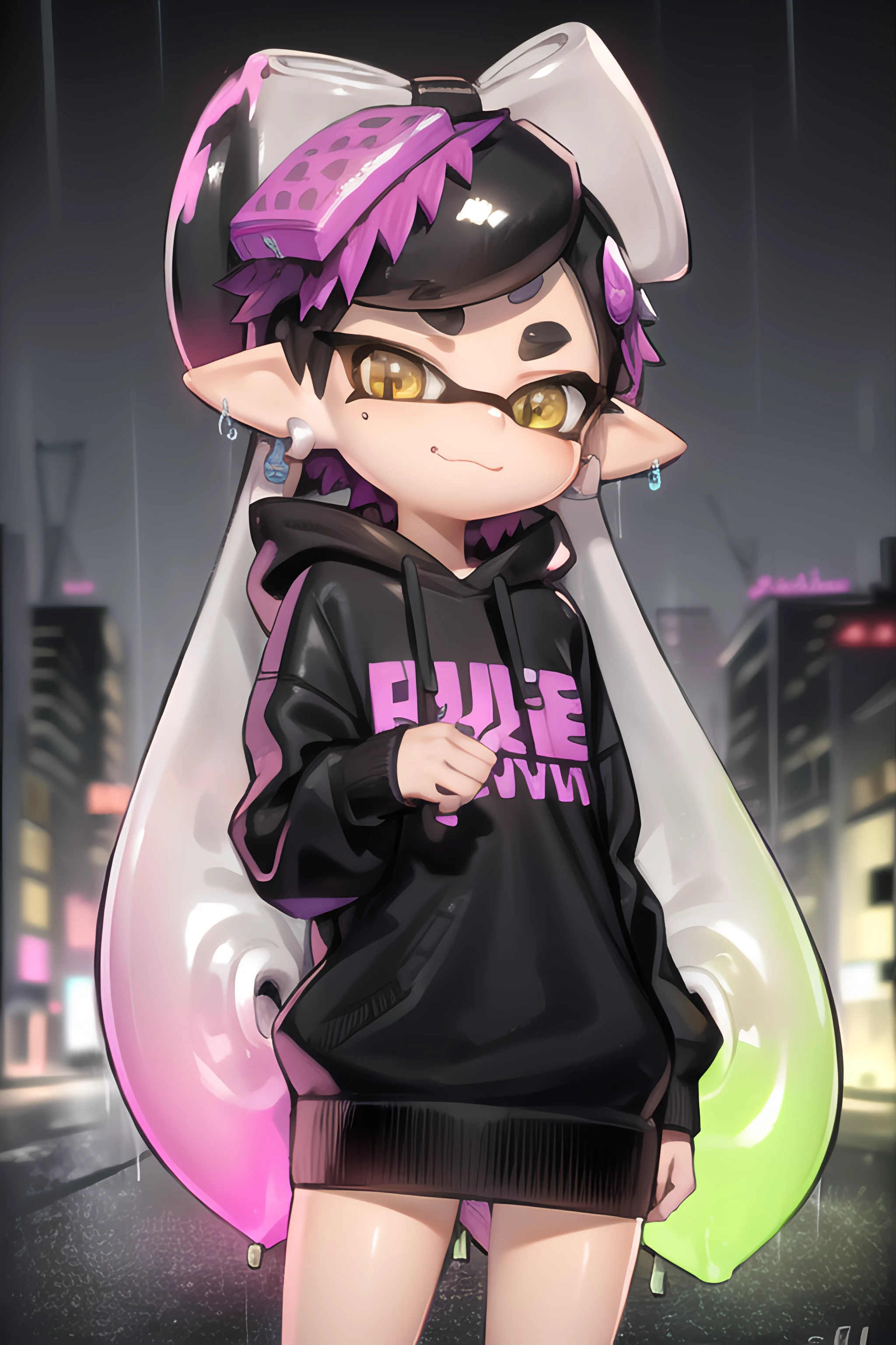 callie, inkling, splatoon, ((cyberpunk city background)), neon lights, (raining), wet, water, sad, holding an umbrella, sfw, oversized black sweater, purple squid design on sweater