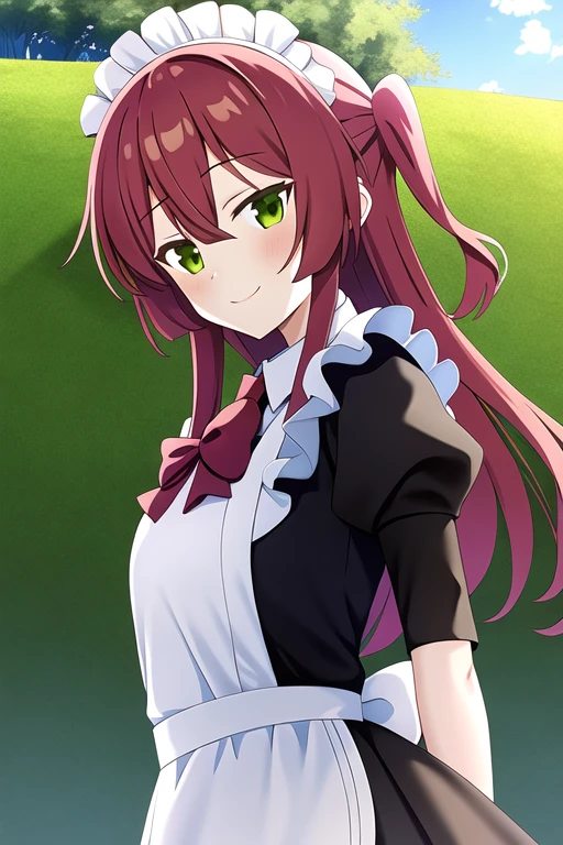 masterpiece, best quality, highres, game cg, 1girl, kita ikuyo, smile, maid, arm behind back, outdoor