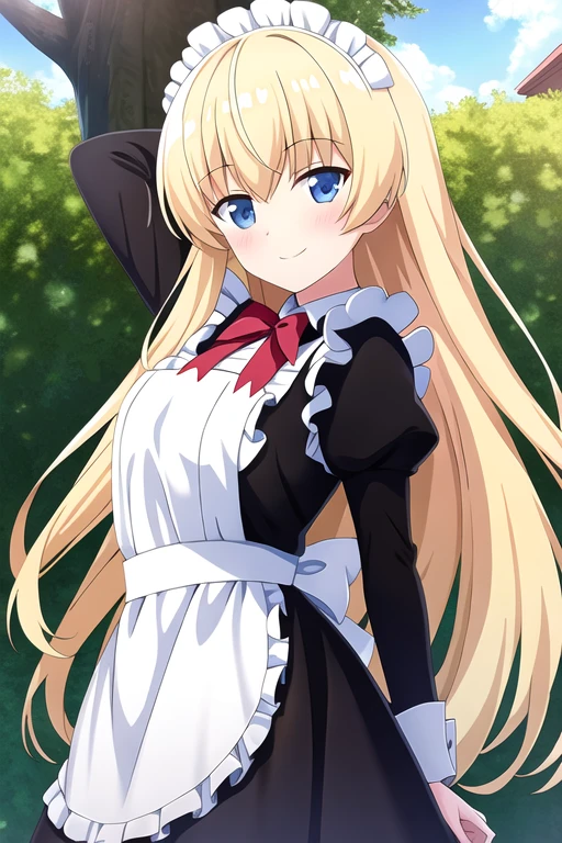 masterpiece, best quality, highres, game cg, 1girl, sabine, smile, maid, arm behind back, outdoor