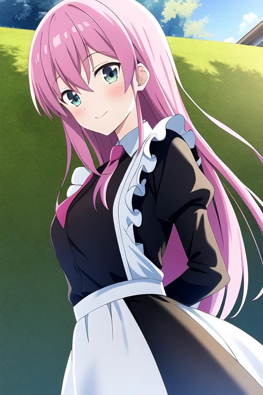masterpiece, best quality, highres, game cg, 1girl, gotou hitori, smile, maid, arm behind back, outdoor