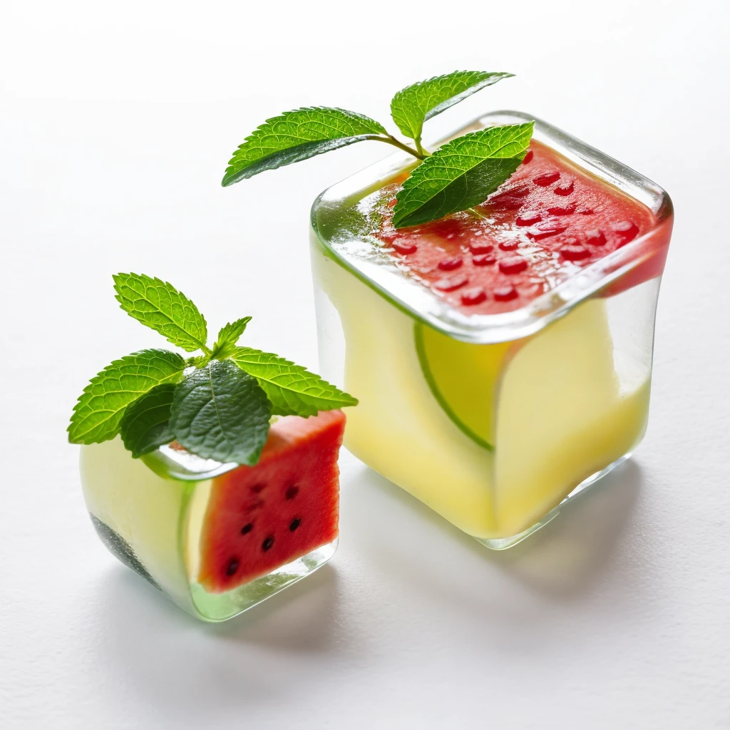 an ice cube with a slice of watermelon in it, lemonade, one ice cube, ice, defence, lemon, cold drinks, whiskey glass with ice cubes, ice cubes, with lemon skin texture, melting 4d cubes, vodka, cherry, cubes of ice around, protection, clean image, ice sculpture, wearing a lemon, molecular gastronomy