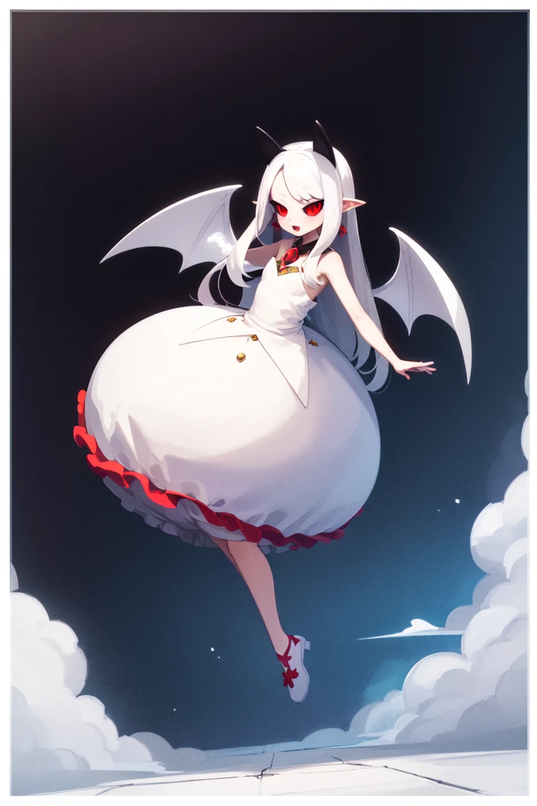masterpiece, best_quality, 1girl, solo, pram \(phantom kingdom\), phantom kingdom, red eyes, black sclera, white wings, bat wings, pointy ears, horns, albino, white dress, bubble skirt