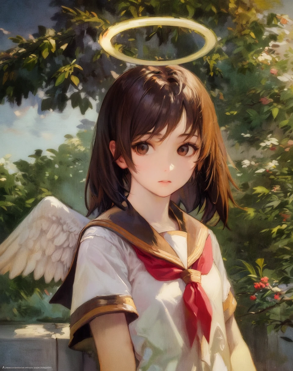 masterpiece, best quality, 1girl, angel wings, brown eyes, brown hair, haibane renmei, halo, rakka, sailor collar, school uniform, <lora:my_LoRA_rakka_v2:0.6> by Jeremy Lipking, by William Bouguereau, (by Alphonse Mucha:0.5)
