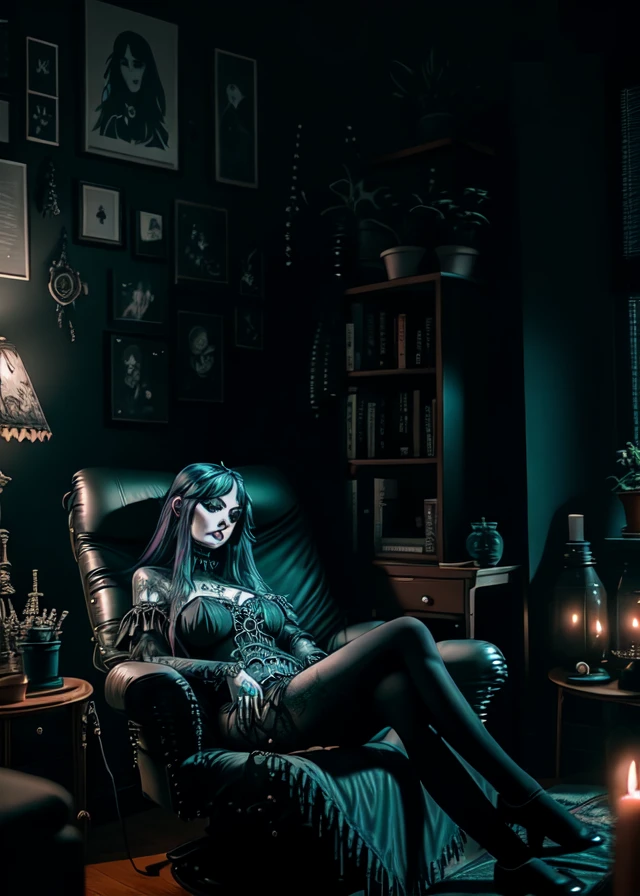 photo of a pretty goth girl relaxing in a living room, low light
