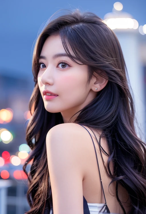 (8k, best quality, masterpiece:1.2), (realistic, photo-realistic:1.37), ultra-detailed, 1 girl,cute, solo,midnight,beautiful detailed sky,detailed cafe,sitting,dating,(nose blush),(smile:1.15),(closed mouth) small breasts,beautiful detailed eyes,floating hair NovaFrogStyle,backless dress