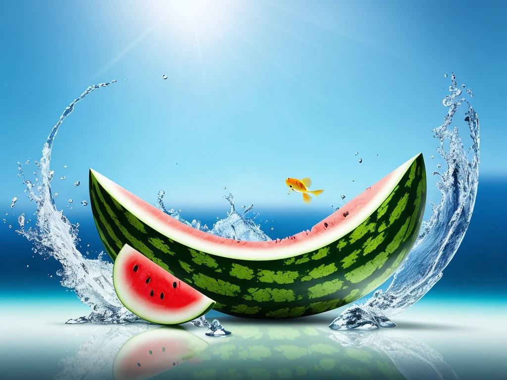 two ice jumping out of a half of an watermelon, amazing splashscreen artwork, watermelons floating in the water, floating ice, ice, photoshop water art, creative photo manipulation, koi fish floating in space, realistic water splashes, floating koi fish, realistic refraction, beautiful composition 3 - d 4 k, 3d animation, 3 d animation, hyper realistic digital art