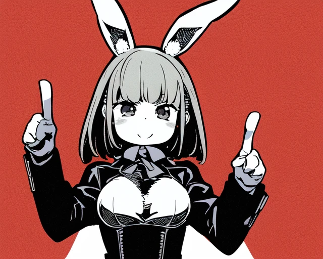 <lora:EtrianOdyssey:1>
(upper body)
(solo)
(1girl)(facing viewer)(smile)(raised hand, raised index finger)
(bunny girl)
in 
(dark hunter outfit)